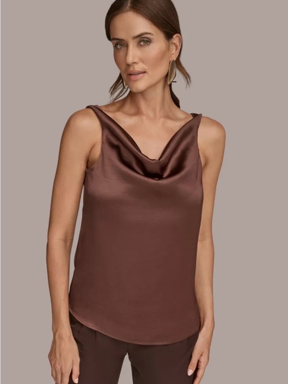 Donna Karan Brown Satin Cowl Neck Sleeveless Top